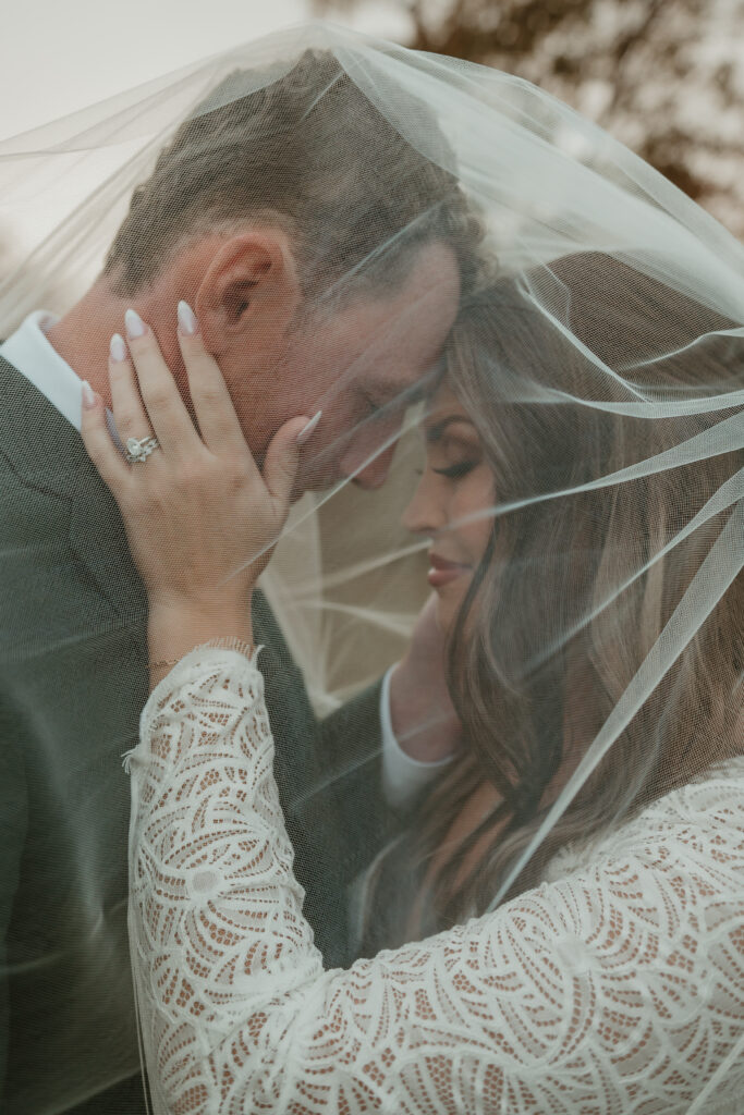 A romantic, close-up portrait of a bride and groom sharing an intimate moment underneath the bride's sheer lace veil, highlighting tender emotions and intricate details.