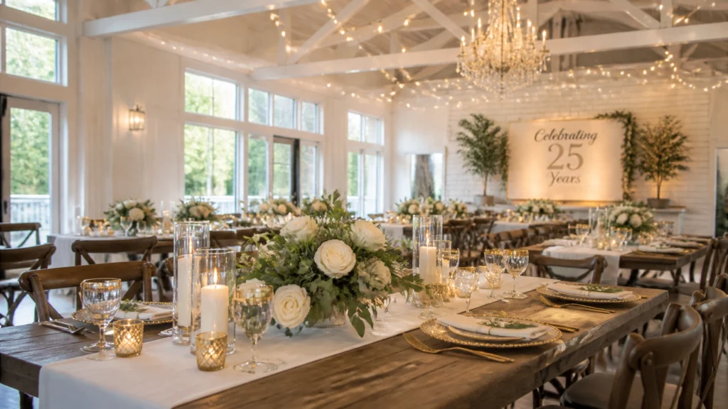 A rustic farmhouse venue set up for a 25th-anniversary celebration, featuring elegant floral arrangements, gold-rimmed glassware, and warm string lighting in a bright, airy space.