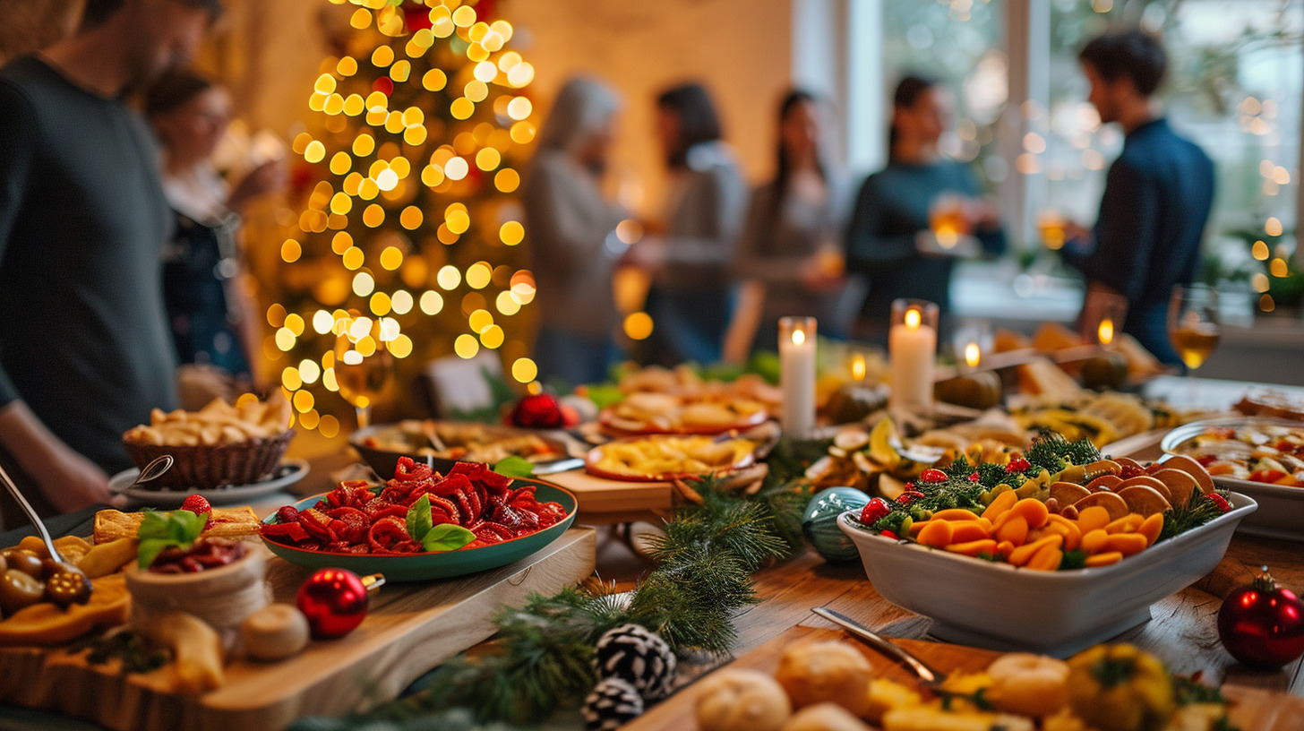 This image captures a warm holiday gathering at Lemon Ridge Events, showcasing our venue's versatility for seasonal parties and reunions. The foreground features an abundant catering spread on a rustic wooden table, complemented by festive greenery and candlelight. In the background, a beautifully lit Christmas tree creates an inviting atmosphere for guests socializing in our spacious indoor facility. This scene illustrates our commitment to providing a beautiful, effortless space for holiday celebrations and milestone events in the Jasper and Greater Birmingham area.