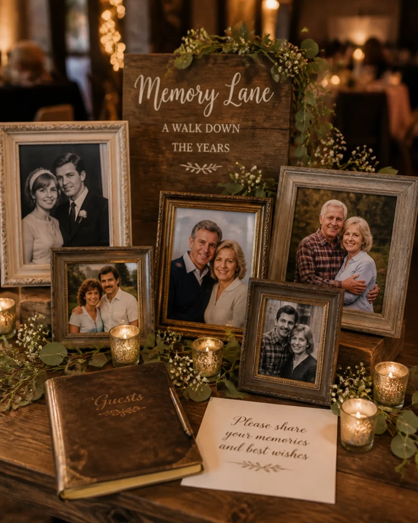This intimate "Memory Lane" setup showcases the personalized touches possible at Lemon Ridge Events. The display features a rustic wooden sign, vintage and modern framed photographs of the celebrated couple, a leather-bound guest book, and delicate floral accents. Warmly lit by mercury glass votive candles, this arrangement creates a sentimental focal point within our 10,000-square-foot facility. It exemplifies how our flexible venue allows clients to share their unique stories, making every wedding, anniversary, or milestone celebration in our Jasper space truly personal and unforgettable.