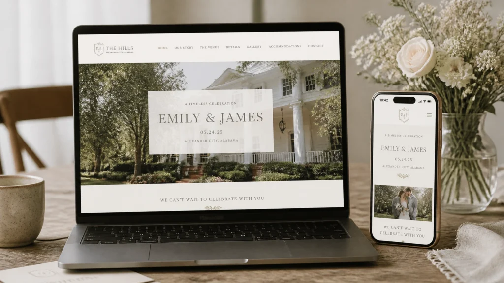 This image showcases a modern laptop and smartphone displaying a customized wedding website for a couple’s "Timeless Celebration." At Lemon Ridge Events, we value the seamless digital coordination that helps our couples manage their guest experience. Whether hosting an intimate elopement or a grand celebration for 250 in our 10,000-square-foot Jasper facility, a dedicated wedding site is a perfect tool for sharing venue details and schedules. This clean, elegant interface reflects the professional and effortless support we provide to our clients across the Greater Birmingham and Tuscaloosa areas.