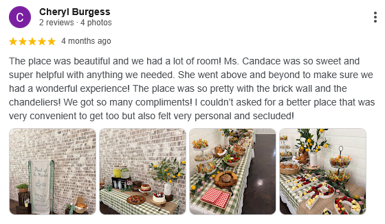 A customer-submitted collage showing an event at Lemon Ridge, featuring a rustic brick wall, a lemon-themed refreshment station, and curated food displays.