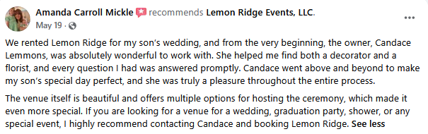 A screenshot of a five-star Facebook recommendation for Lemon Ridge Events, LLC by Amanda Carroll Mickle, praising owner Candace Lemmons for her exceptional coordination and service.