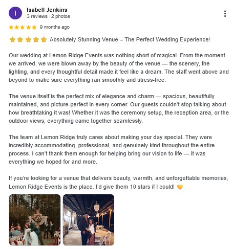 A screenshot of a glowing five-star Google review for Lemon Ridge Events left by client Isabell Jenkins, featuring highlights of the venue's atmosphere, staff, and wedding experience, alongside photos of an outdoor ceremony and evening reception.