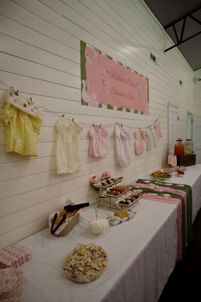 A beautifully decorated food table set up for a baby shower in our venue. The display features a "Welcome Baby" banner and vintage baby clothes hung on a line against the white shiplap wall. The table is arranged with tiered snack stands, a variety of hors d'oeuvres, and a coordinated pink and green runner, showcasing how we customize our space to create a warm, inviting atmosphere for celebratory events.
