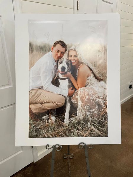 A large, printed portrait displayed on an easel, featuring an engaged couple posing in a grassy field with their large dog. The couple is kneeling beside their pet, creating a warm, personal atmosphere. This image highlights how we incorporate beloved pets into engagement sessions to capture the true personality of our clients. It serves as a perfect example of our ability to produce high-quality, professional prints for wedding decor.