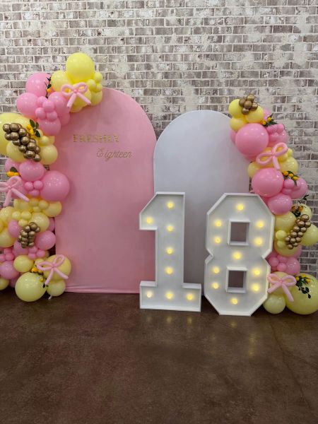 A custom 18th birthday party setup featuring dual-arched backdrops in soft pink and white. The pink arch is adorned with gold "Freshly Eighteen" lettering and an organic balloon garland in shades of yellow, pink, and metallic gold with decorative bows. The display is anchored by large, illuminated marquee numbers "18," creating a vibrant and celebratory photo opportunity for a milestone birthday event.