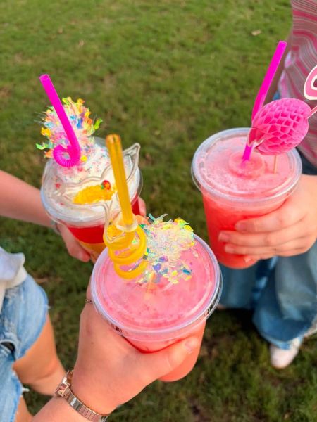 Three vibrant, iced summer drinks held up by friends against a grassy backdrop. Each beverage is served in a clear plastic cup with colorful, festive decorations, including bright pink and yellow curly straws and decorative pineapple and flamingo toppers. This photo captures the refreshing, fun, and social atmosphere of our signature summer menu, perfect for highlighting our aesthetic and party-ready beverage selection.